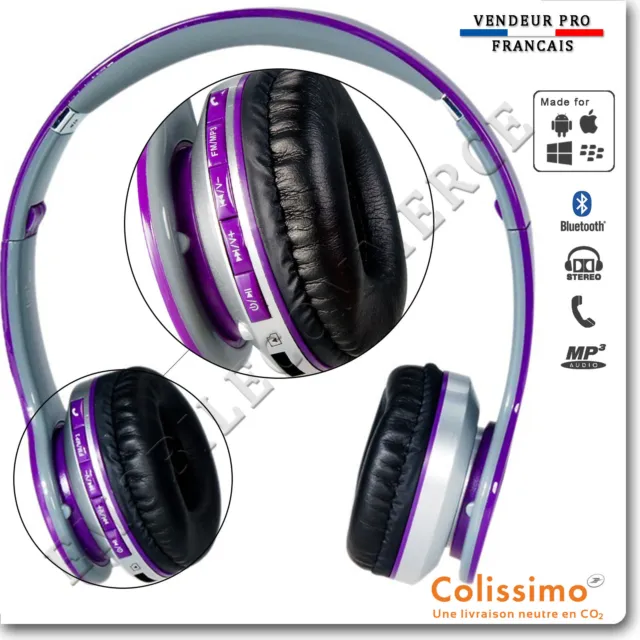 Casque Bluetooth Stéréo Sport Pliable Ecouteurs MP3 avec un micro intégré violet