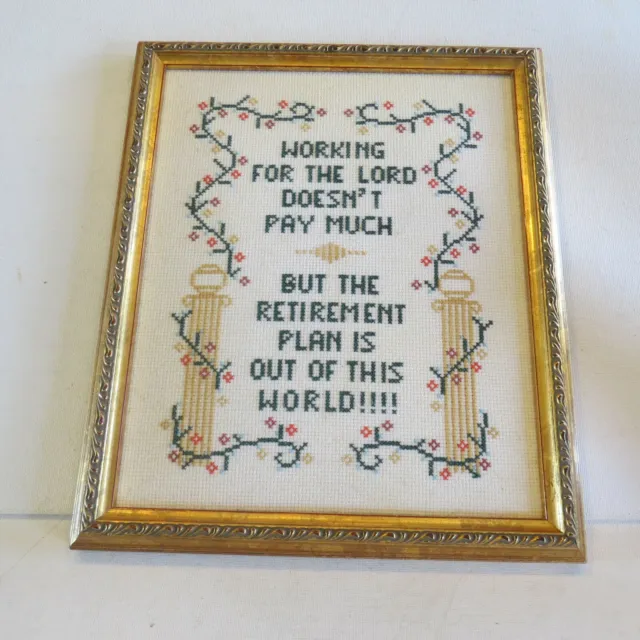 Vintage cross-stitched Gold tone Framed WALL Hanging sign~  11.5" by 10"