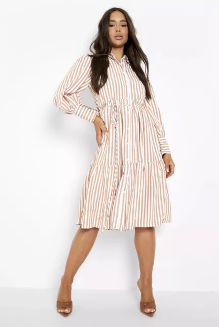 Womens boohoo Tiered Dress Striped puff sleeve midi dress In Stone Size 8 BNWT