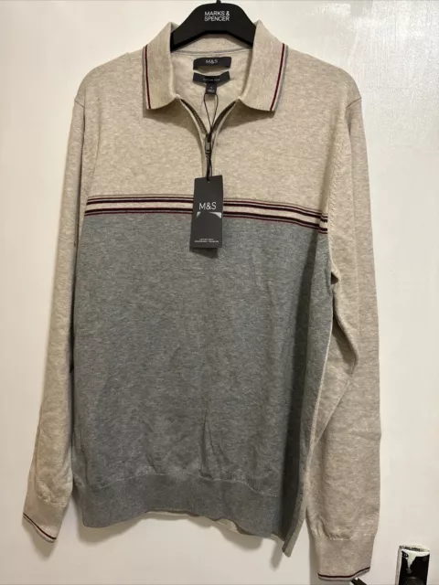 M&S Mens Polo Top Size Medium Long Sleeve BNWT RRP £30, Neutral Coloured