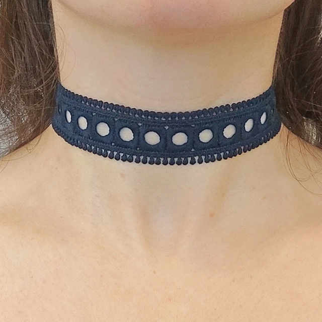 Collier Ras De Cou Victorien Gothique - Noir Velours, Strass Bleu, Dentelle, Fabriqué Main