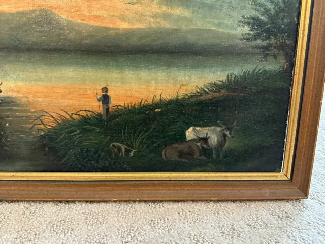 19th Century Luminous Sunset Over Mountain Lake Naive Oil Painting on Board 2