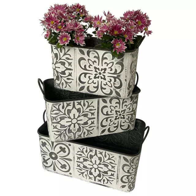 Zinkwannen Set mit Blumenmuster groß - Pflanzkübel Kasten Topf Töpfe Metall Neu