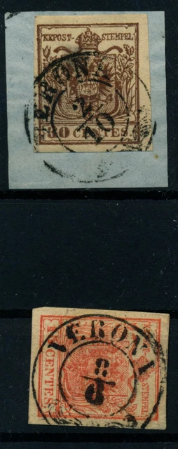LOMBARDEI-VENETIEN 1850 2MARKE:30C, HP, Type III. und 15C, HP, Type II. VERONA