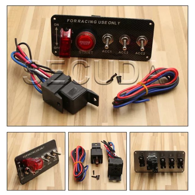12V Carbon 5 Switch Competition Car Switching Panel With & Push Button Starter