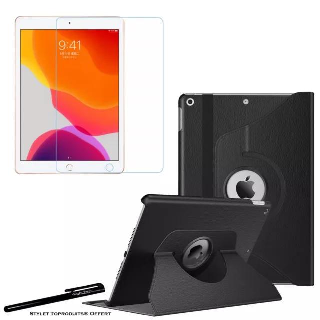 Housse Etui Rotatif Noir pour Apple iPad 10.2 2020 + Vitre de protection