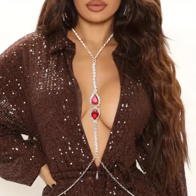 Inlaid Red Rhinestone Chest Neck Chain Sexy Nightclub Body Chain Fashion Jewelry