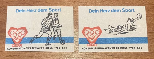 2 Zündholzetiketten, Streichholzetiketten, Dein Herz dem Sport, DDR 1968 Riesa