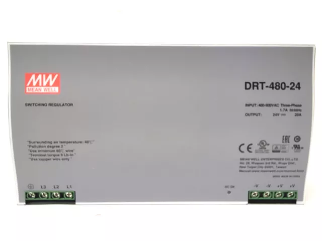 Mean Well DRT-480-24 DIN Rail Power Supply 480W, 340-550VAC 3-Ph To 24VDC 20A 2