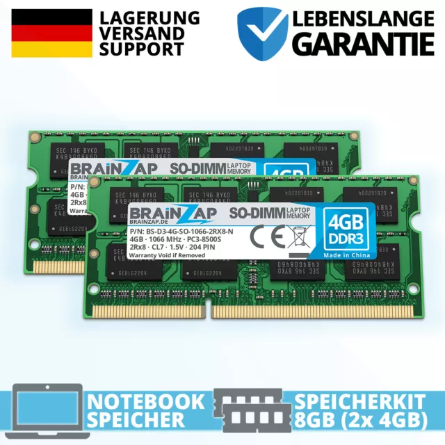 8GB DDR3 RAM SO-DIMM PC3-8500S 2Rx8 1066 MHz 1.5V Notebook Speicher CL7 (2x 4GB)