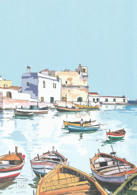 PRESSO SCIACCA, SERIGRAFIA di Aldo Riso, cm.30x21 firmata dall'artista ...