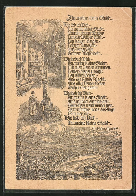 Künstler-AK Bad Tölz, Straßenpartie im Ort, Panoramablick auf den Ort 1946