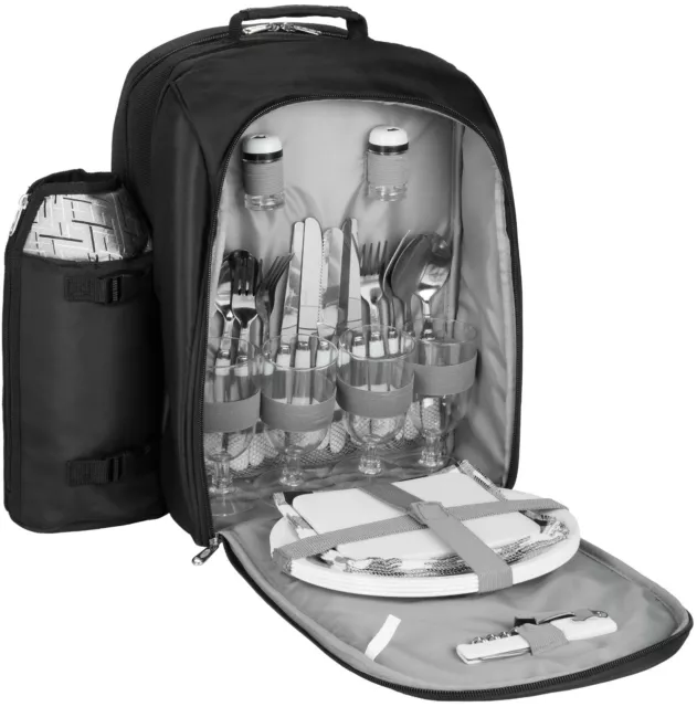 BRUBAKER Mochila de Picnic para 4 Personas Plato Negro 27×39×21cm + Portabotella