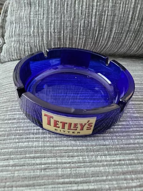 Tetleys Bitter Ashtray Blue Glass Collectable Home Bar Man Cave New