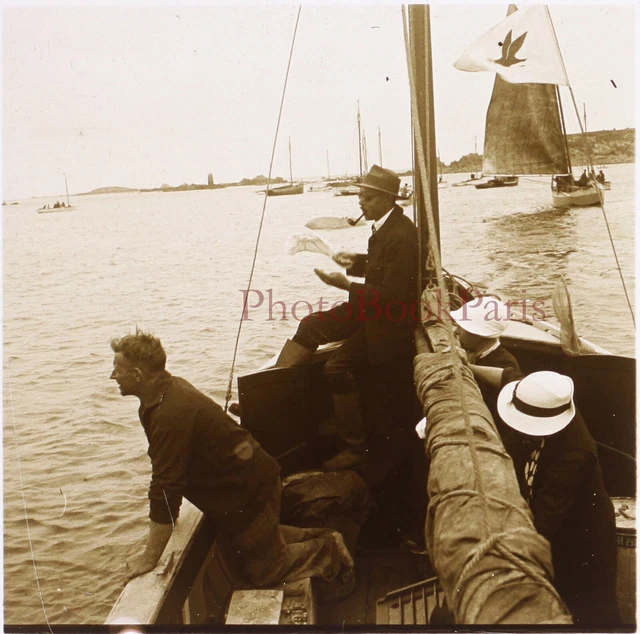 FRANCE Voyage en voilier c1930 Photo Plaque de verre Stereo Vintage P29L5n
