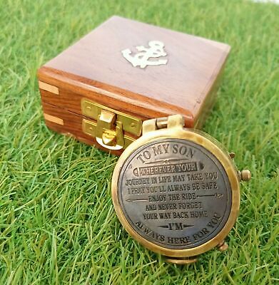 Vintage brass Maritime compass 2" with wooden box christmas gift item To My Son