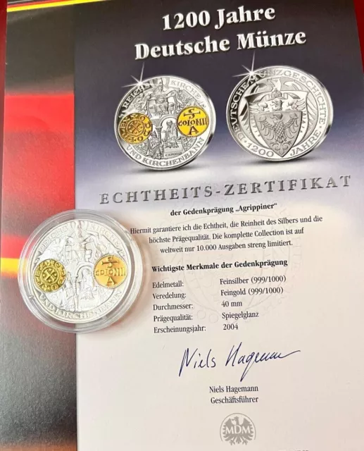1200 Jahre Deutsche Münze Agrippiner Silber Gold Medaille 999 limitiert
