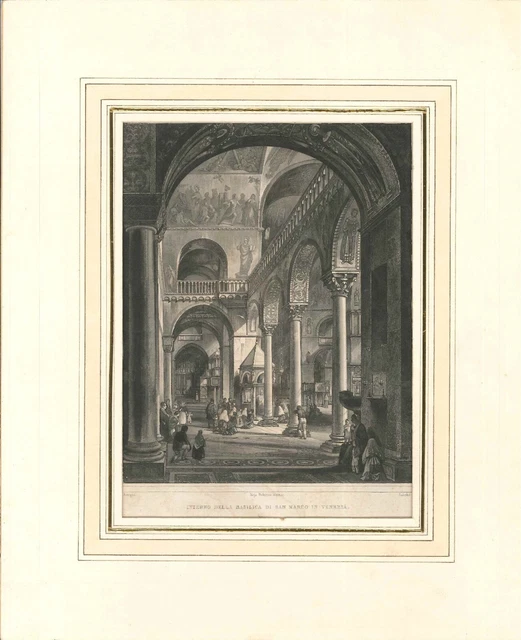 Stampa Antica Acquatinta Epoca '800 Venezia Interno Della Basilica Di San Marco