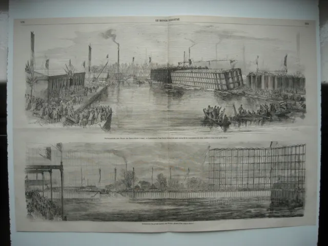 Gravure 1864. Inaugu Docks De Saint-Ouen, Paris. Immersion Grand Bassin Des Dock
