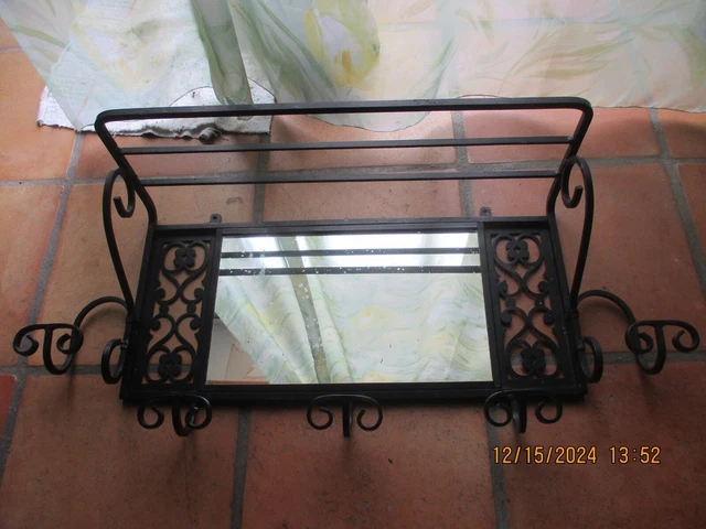 ANCIEN MIROIR ÉTAGÈRE porte manteau vestiaire ART DECO en FER FORGE