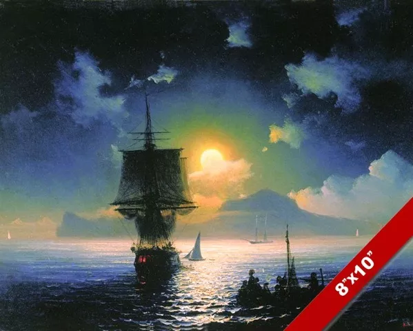 Moonlit Ships At Sea Night Sail Sailboat Seascape Painting Art Real Canvas Print