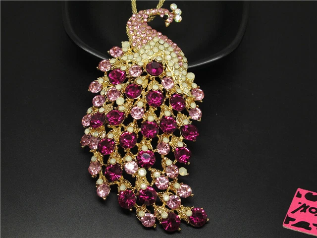 Gifts Betsey Johnson Pink Crystal Ornate Peacock Animal Pendant  Necklace