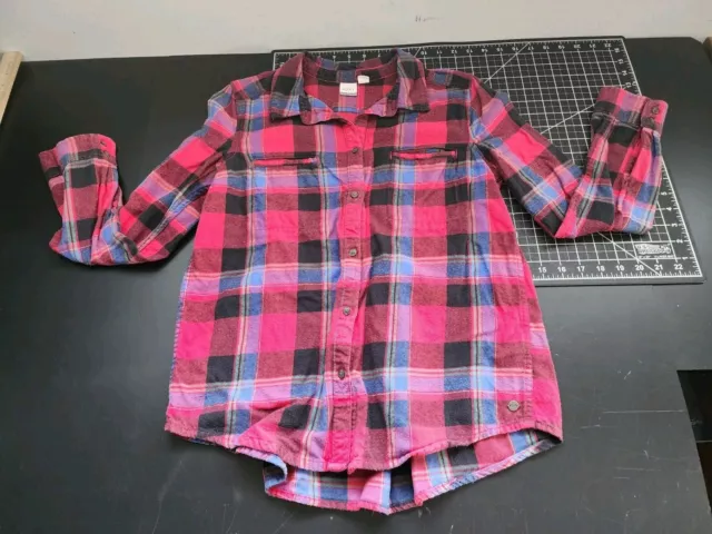 Roxy Flannel Shirt Womens Medium Red Plaid Long Sleeve Button Up Pockets