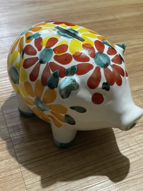 Hand-painted Made In Italy  White Piggy Bank Flowers Small Yellow Red Orange