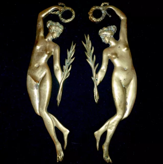 PAIR OF FRENCH GILDED BRONZE/BRASS DECORS MOUNTS PEDIMENTS FEMALE 26 x 8cm