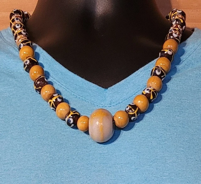 Men's 24in African Beaded Tribal Necklace,French Cross focal, Amber Krobo, Stone