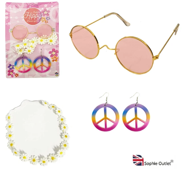 Hippie Dress Up Set 60-70s Fancy Costume Accessory Headband Earrings GlassesH146