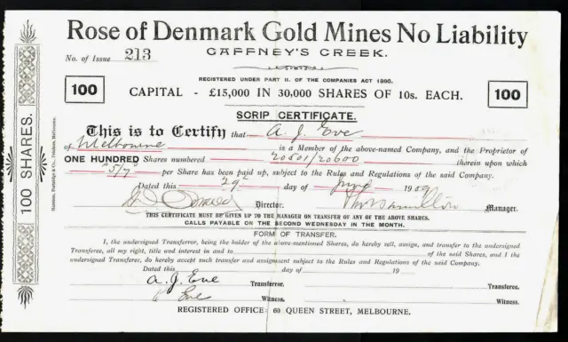 Share Scrip - Gold Mining. 1909 Rose of Denmark Gold Mines N/L (Gippsland Area)