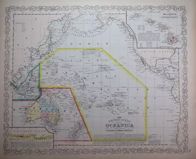 Old 1857 C. Desilver Atlas Map ~ PACIFIC OCEAN - OCEANICA~ (LG14x17)-#1072