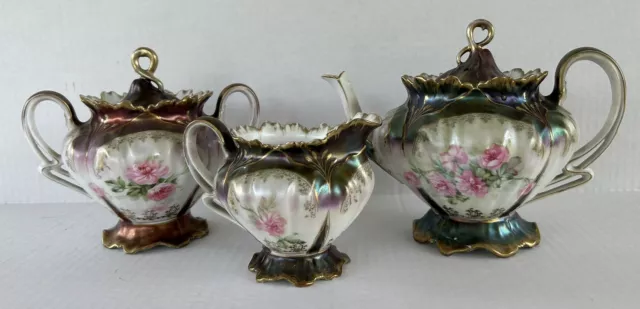 Antique Prussian Teapot Tea Set Sugar Creamer Metallic Luster Gold Hand Painted