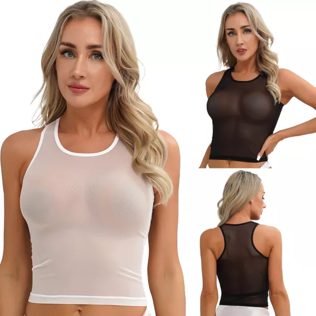 Womens Sexy Sport Crop Top Sleeveless See Through Tank Vest Fit For Yoga Fitness 2