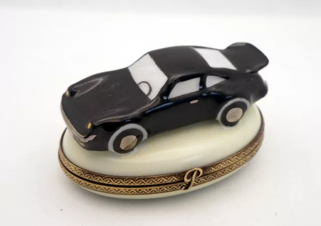 New French Limoges Trinket Box Porcelain Replica of Black Porsche Sports Car