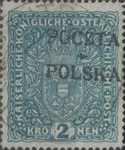 USED 1919 POLAND 2 Kronen Coat of Arms POCZTA POLSKA OVERPRINT Austrian BLUE