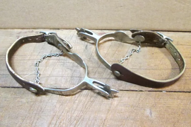 Vintage WESTERN GOOSE NECK SPURS w/ Straps Chains, Diamond Pattern, STAR ROWELS