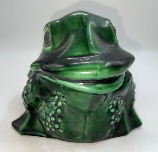 Frog Shape Pottery Planter Green Drip Glazed  Vintage Crooked Smile 7.5x6.5x5.5”