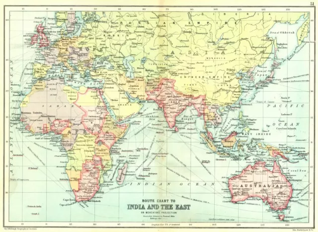 BRITISH EMPIRE Route Chart to India, Far East, Australia & New Zealand 1909 map