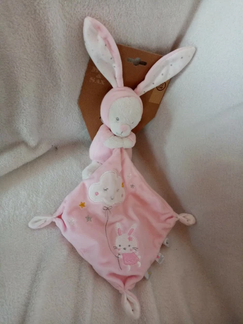 Doudou lapin mouchoir rose blanc jaune étoile nuage max & sax neuf