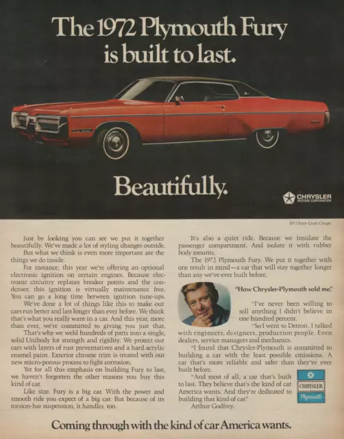 1972 Plymouth Fury Gran Coupe Vintage Print Ad Built To Last Chrysler 2
