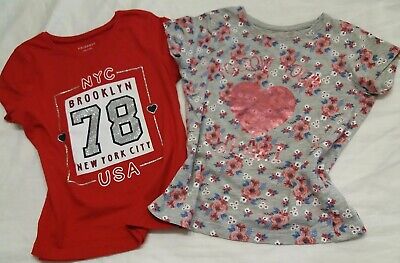 PRIMARK Girls Short Sleeve X2 T-Shirts Age 5-6 Years- Red and Flowered