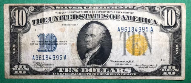 1934 A - $10 North Africa - Wwii Emergency Note -Silver Cert -Yellow Seal - Fine