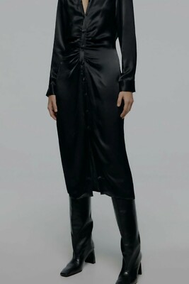 Zara Women's Satin Effect Black Midi Dress