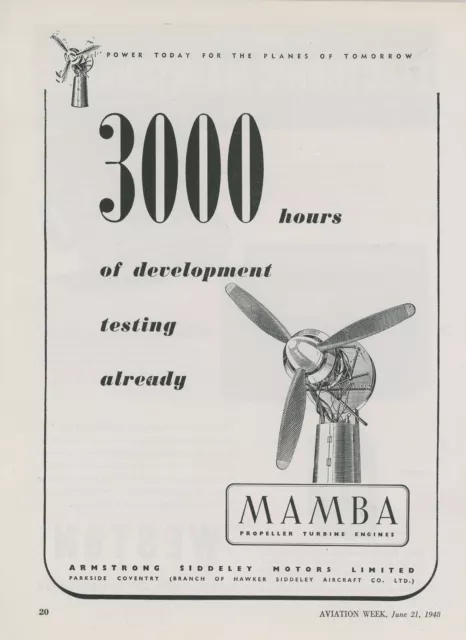1948 Armstrong Siddeley Motor Ad Mamba Propeller Turbine Aircraft Engine British