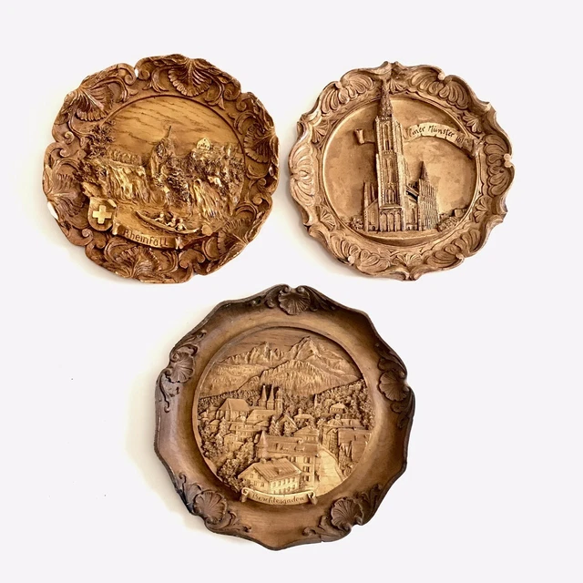 Lot of 3 Vintage 3D RheinFall Berchtesgaden Wooden Hand Carved Wall Hanging