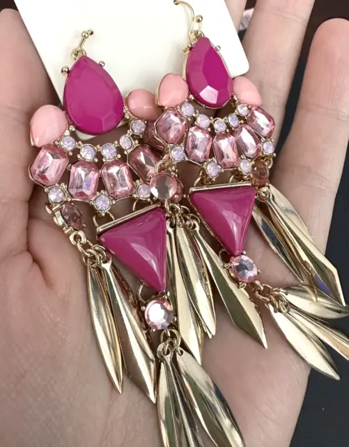 3.75" Big Pink Gold Tone Long Chandelier Earrings Rhinestone Glam Coquette NEW