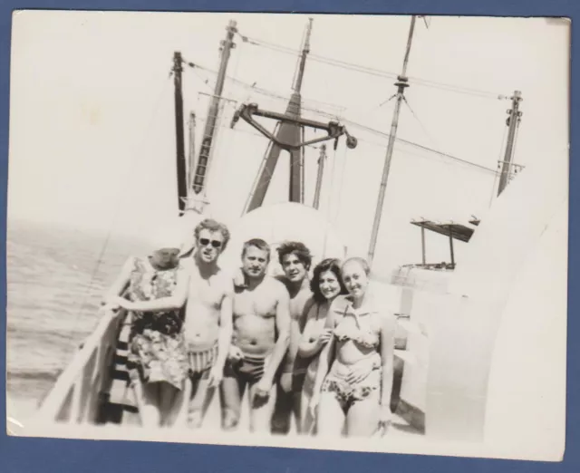 Men and Women on Ship, naked torso, bulges, men's swim trunks Vintage Photo