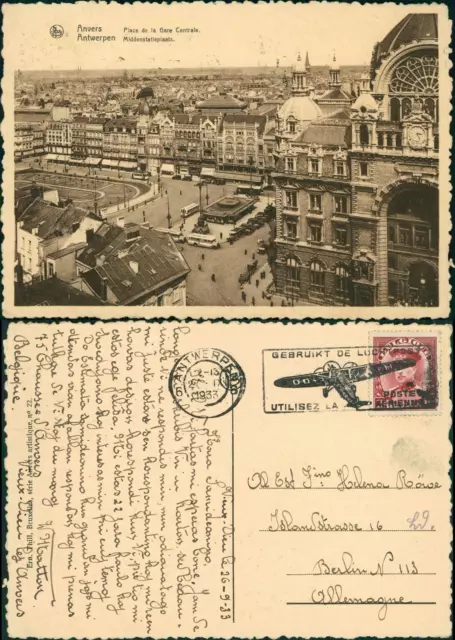 Postkaart Antwerpen Anvers Hauptbahnhof Middenstatie Place Centrale 1933
